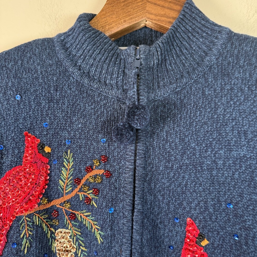 Heirloom Collectibles Embroidered Sequin Cardinal Full Zip Cardigan Sweater L - Picture 3 of 9